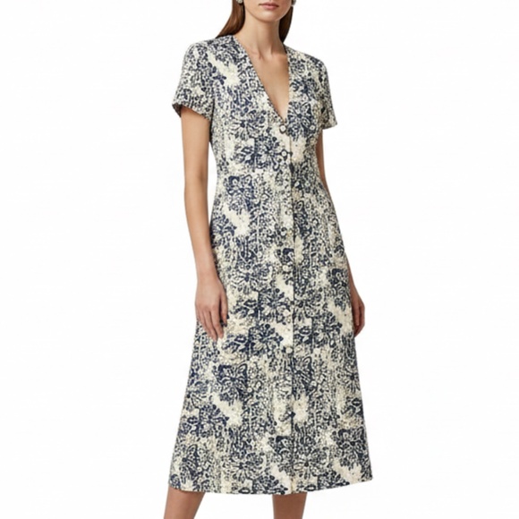 Vintage Dresses & Skirts - Vintage 80s 90s beige tan blue floral button front short sleeve maxi dress